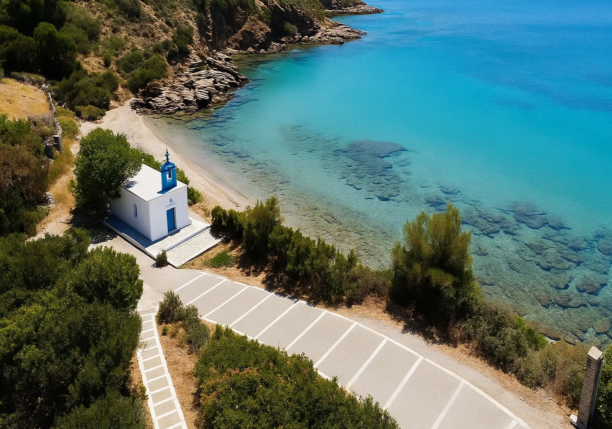 Άποψη της περιοχής Κυπρί στην Άνδρο, που δείχνει την ακτογραμμή και την εγγύτητα στον χώρο του Αγίου Κυπριανού.