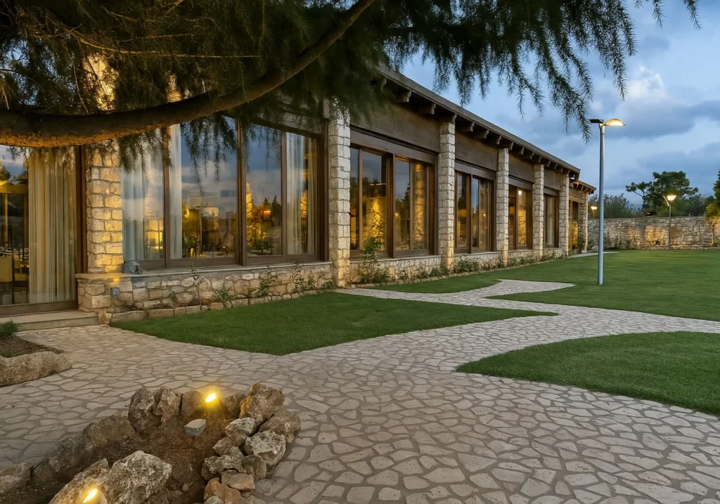 Οι κήποι και τα μονοπάτια του κτήματος φωτισμένα τη νύχτα.